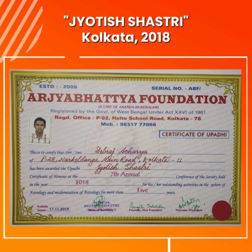 Jyotish Shastri title received by best astrologer in kolkata Astrologer Debraj Acharya